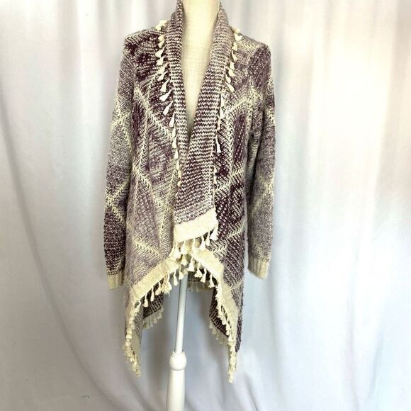Fate Sweaters - Fate Open Cardigan Tassel Fringe Sweater Lavender & Cream Women’s Sz Large Boho